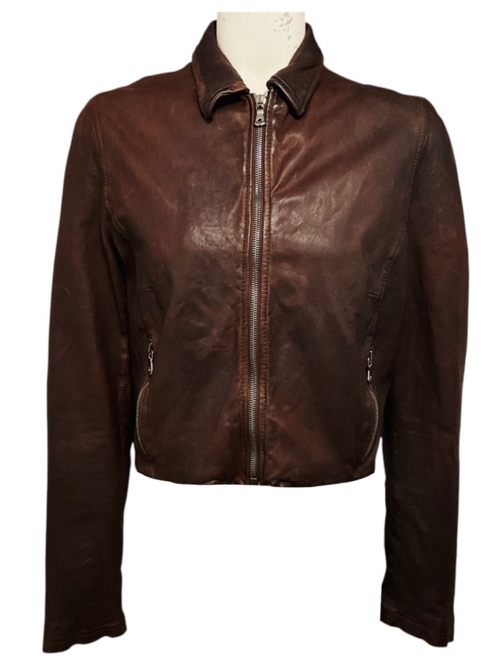Dolce & Gabbana Brown Distressed Lambskin Leather Cropped Zip Front Jacket